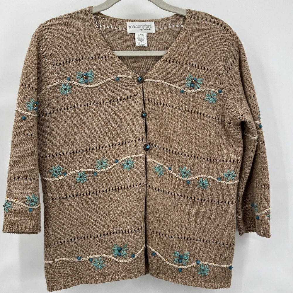 Vtg Real Comfort Chadwick Cardigan Sweater Womens M Cottagecore Boho Embroidered